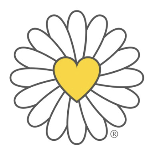 Driving Miss Daisy logo - white daisy flower with yellow heart